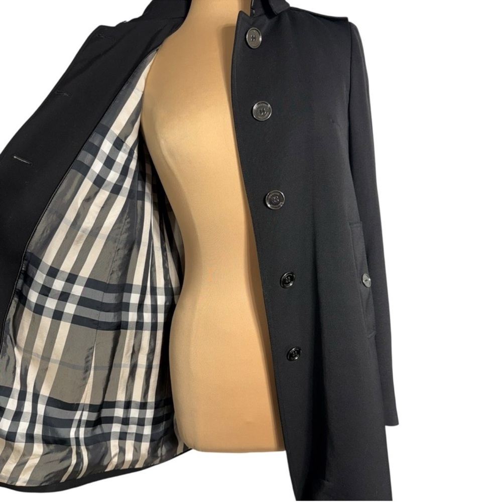 Burberry London Black Short Camden Heritage Car Coat Nova Check Lining Size 6 - Picture 8 of 14